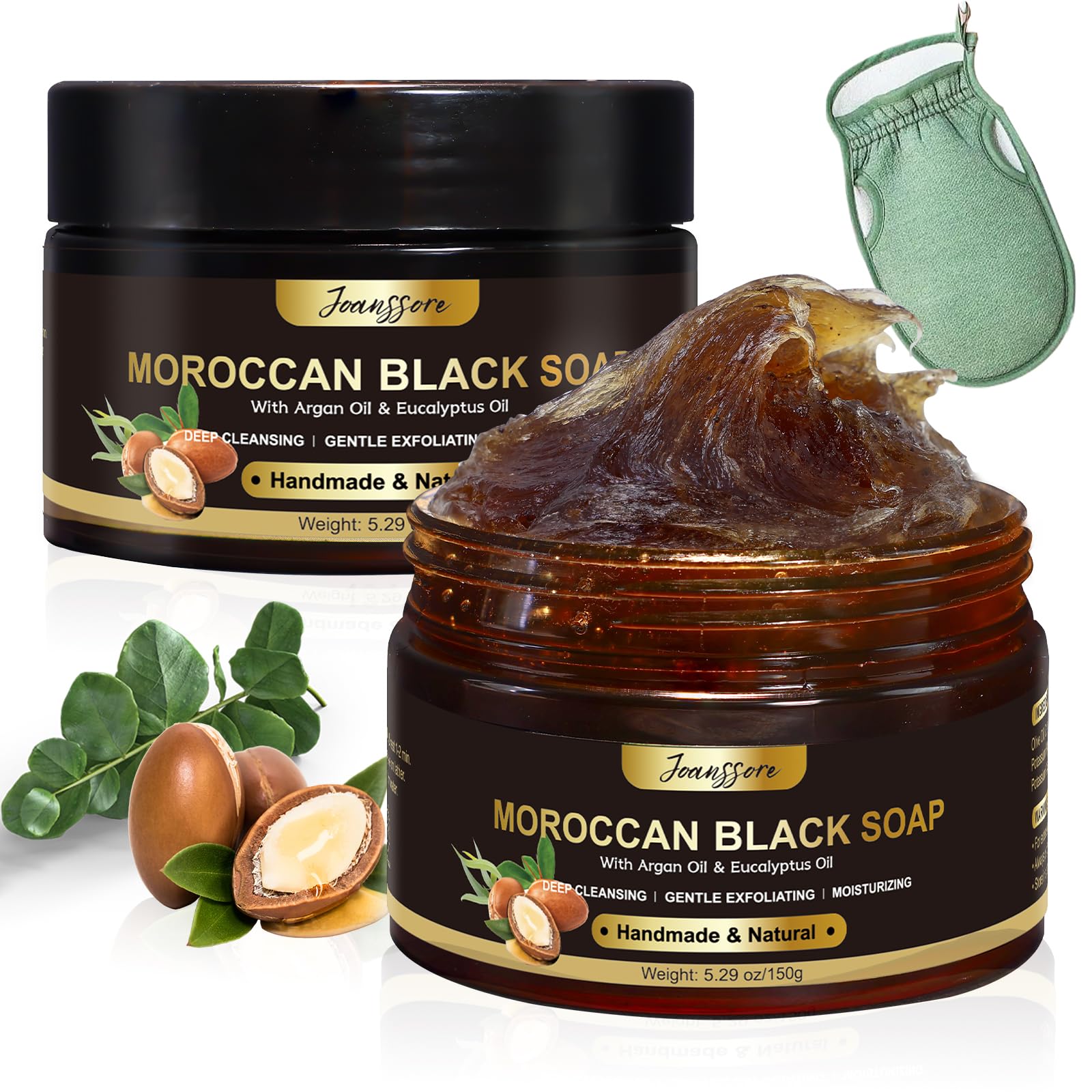 Photo 1 of 2 Pack Moroccan Black Soap Hammam, Morocco Body Scrub with Exfoliating Glove, Exfoliating Body Cleanser, Argan Oil & Eucalyptus – Deep Cleansing, Softens Skin