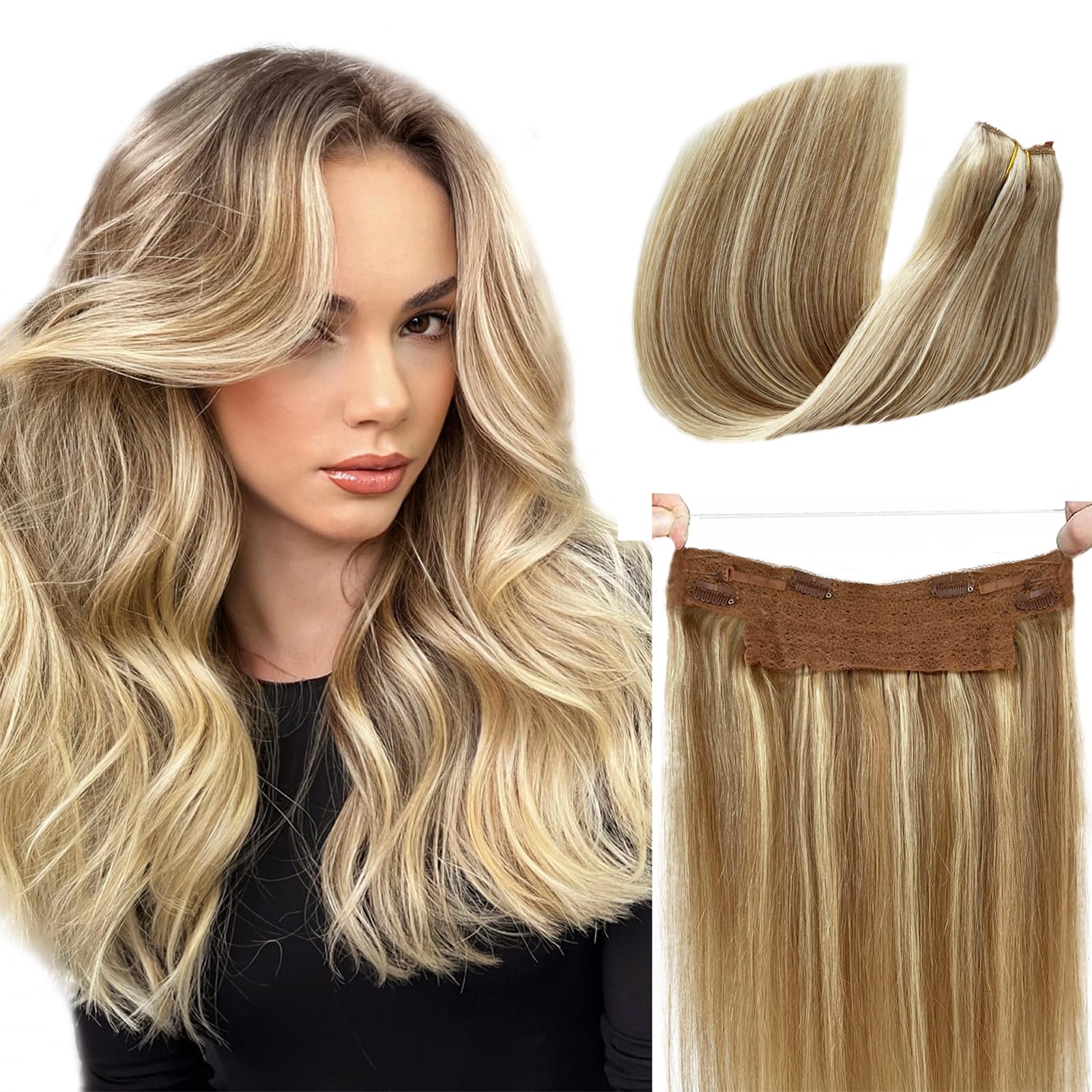 Photo 1 of Wire Human Hair Extensions 20inch 100g Ombre Highlighted Blonde to Golden Blonde Wire Hair Extensions Human Hair Blonde with Medium Blonde Transparent Invisible Silk Straight Hair Extensions