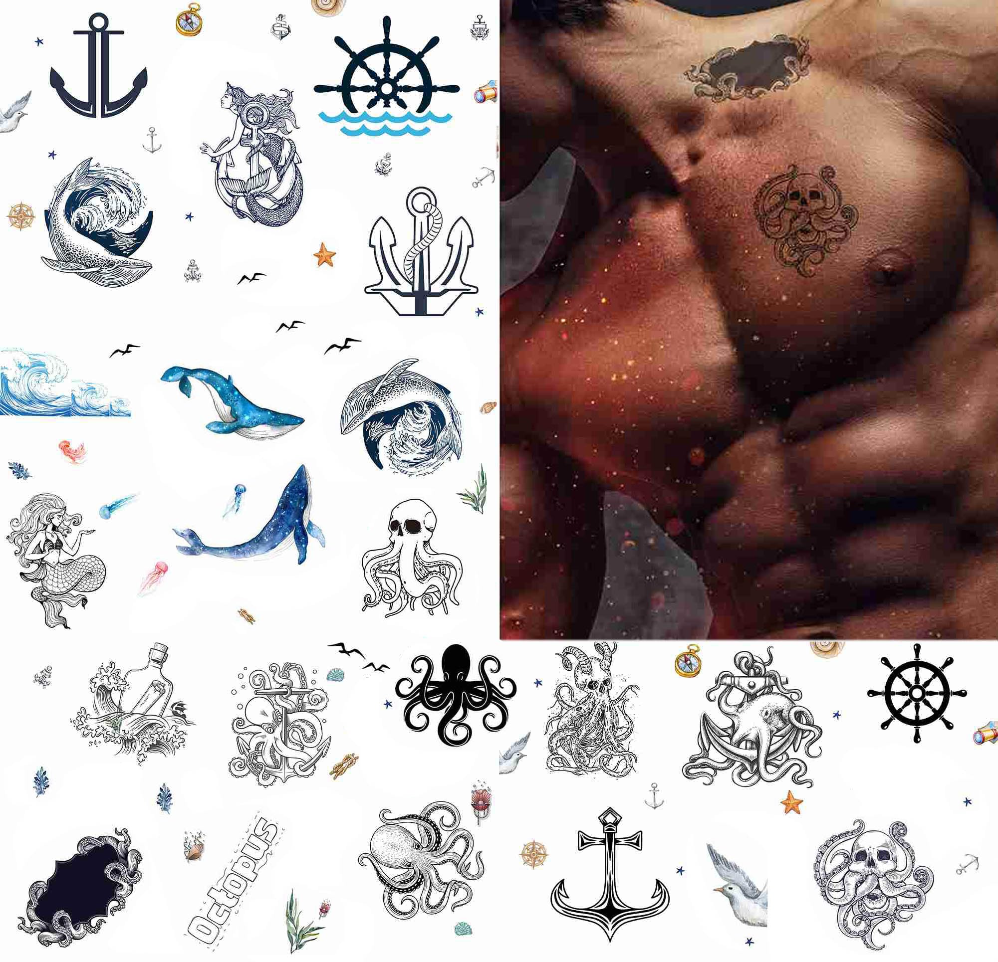 Dopetattoo 18 sheets Temporary Tattoos Mermaid Anchors Octopus Ocean Whale Fish Fake Tattoos for Face Body