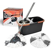 R REVA 360&deg; Rotating Spin Mop and Foldable Bucket Set, Dual Clean &amp; Dirty Water System, Hands-Free Easy Spin Wringing, Heavy-Duty Microfiber Mop with 2 Mop Heads for All Floor Types (TWINS - LV-A03-1)