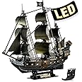 3D Puzzle for Adults Moveable LED Pirate Ship with Detailed Interior Decoration, Large Queen Anne's Revenge Desk Puzzles, Difficult 3D Puzzles with Lights Gifts for Men Women