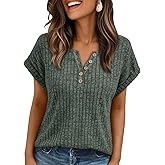 AUTOMET Women Tops Summer Sweaters Short Sleeve V Neck Henley Shirts Spring Dressy Button Blouses