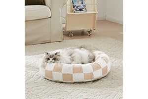 Ohocut Checkered Cat Dog Bed, Cute Beige Khaki Retro Style Aesthetic Round Warming Pet Calming Beds for Small Dog and Cats, Plush Cozy Donut Beds Washable, 23" L x 23" W x 8" Th