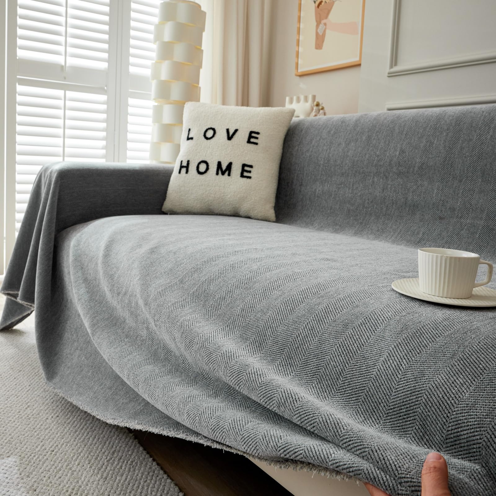 TAOTAOGO Sofa Cover 2 3 Seater Chenille Corner Sofa Slipcover Washable L Shape Sectional Couch Cover Furniture Protector for Pet All-Season B Herringbone B Dark Grey 180x380cm