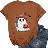 Halloween Shirts for Women Cute Ghost Shirt Fall Pumpkin Tshirt Coffee Lover Graphic Tees Casual Short Sleeve Tops