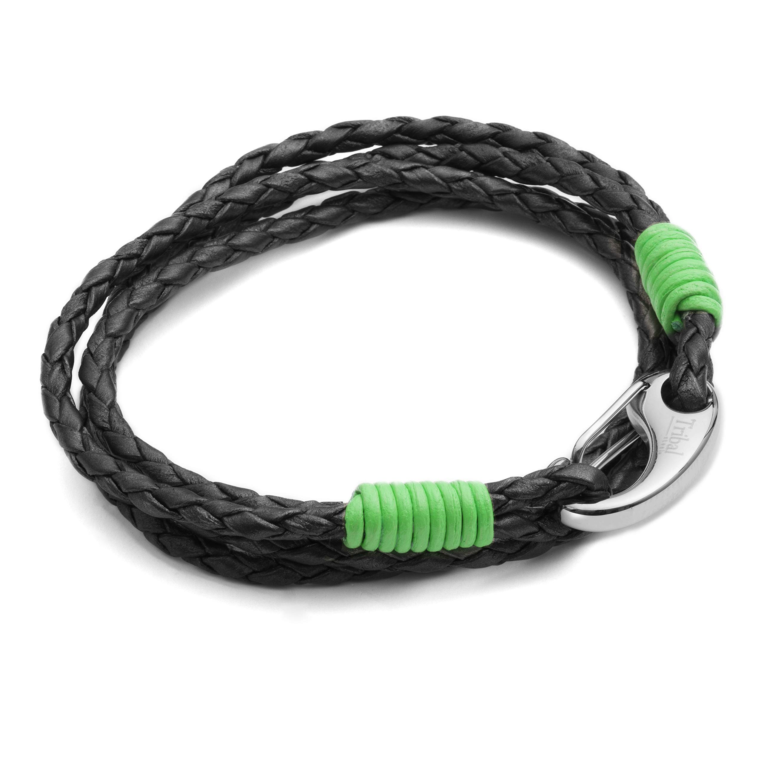 Men's Black Leather Bracelet + Fern Green Binding Double Wrap, Shrimp Clasp, 21cm by Tribal Steel