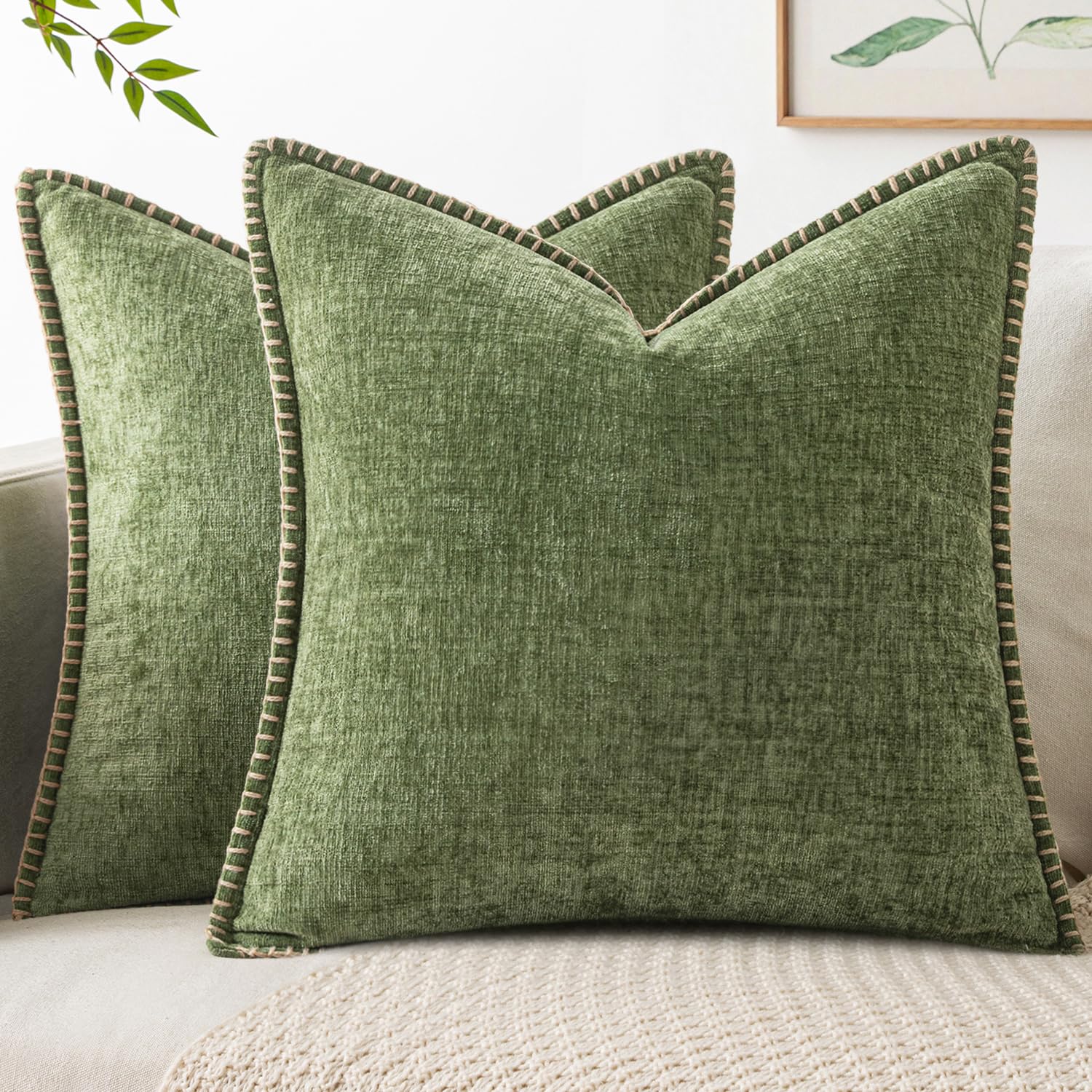 Photo 1 of MIULEE Pack of 2 Fall Couch Throw Pillow Covers 18x18 Inch Sage Green Farmhouse Decorative Pillow Covers with Stitched Edge Soft Chenille Solid Dyed Spring Pillow Covers for Sofa Bed Living Room