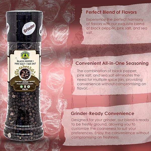 BUDDHA SPICES INC. HIMALIAN PINK SALT AND SEA SALT WITH BLACK PEPPERCORNS – 225G