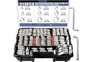 Hose Clamp Assortment- Vesmikit 215 PCS Stainless Steel Hose Clamps Kit 1/4"–2-1/2"(6-63mm) Worm Gear Clamps for Fuel Line, Plumbing, Automotive, Mechanical Applications, Pipe, Tube, Radiator, Garden