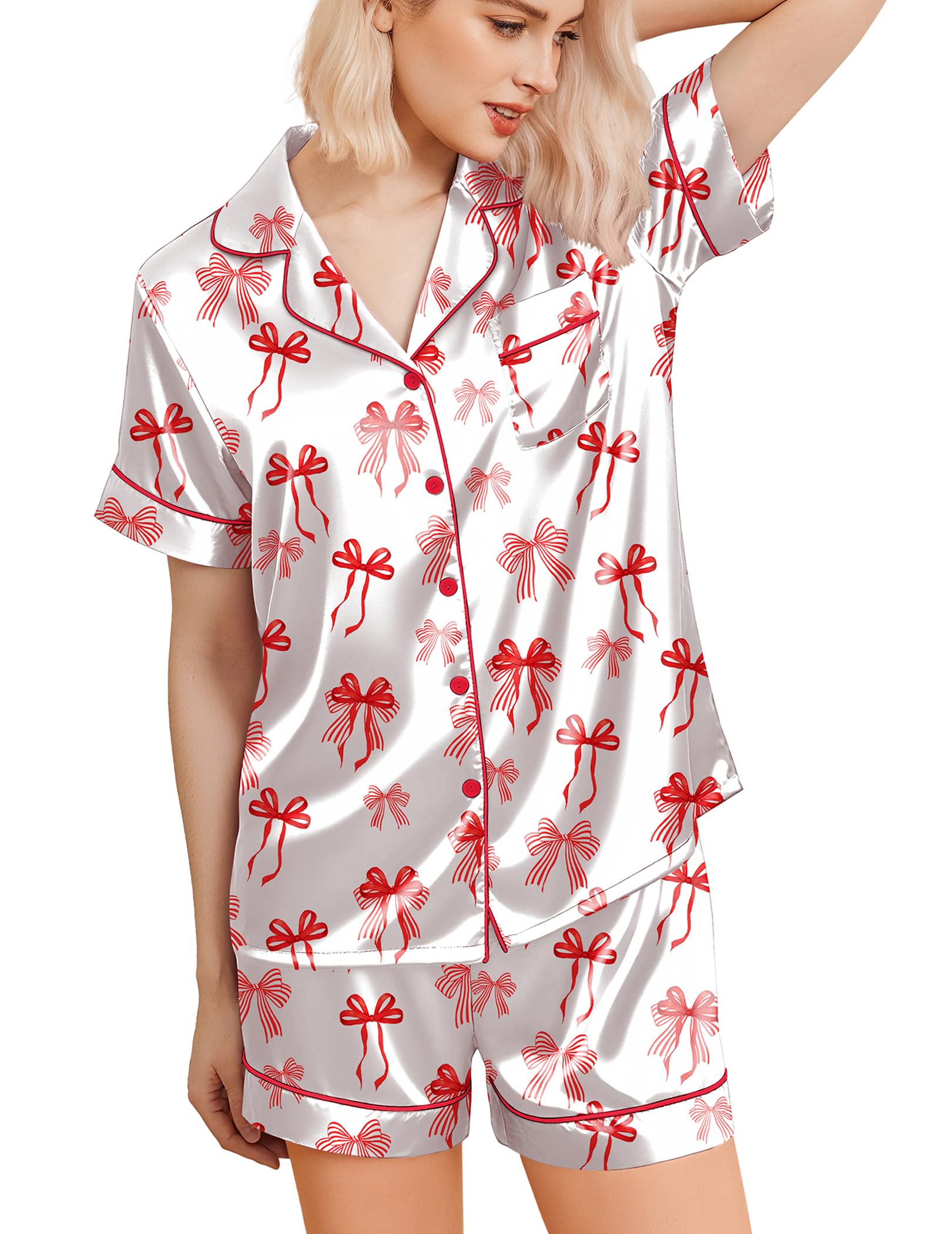 Ekouaer Womens Christmas Pajamas Silk Satin Sleepwear Holiday Matching Pjs Funny Short Sleeve Button Down Nightwear Set S-XXL