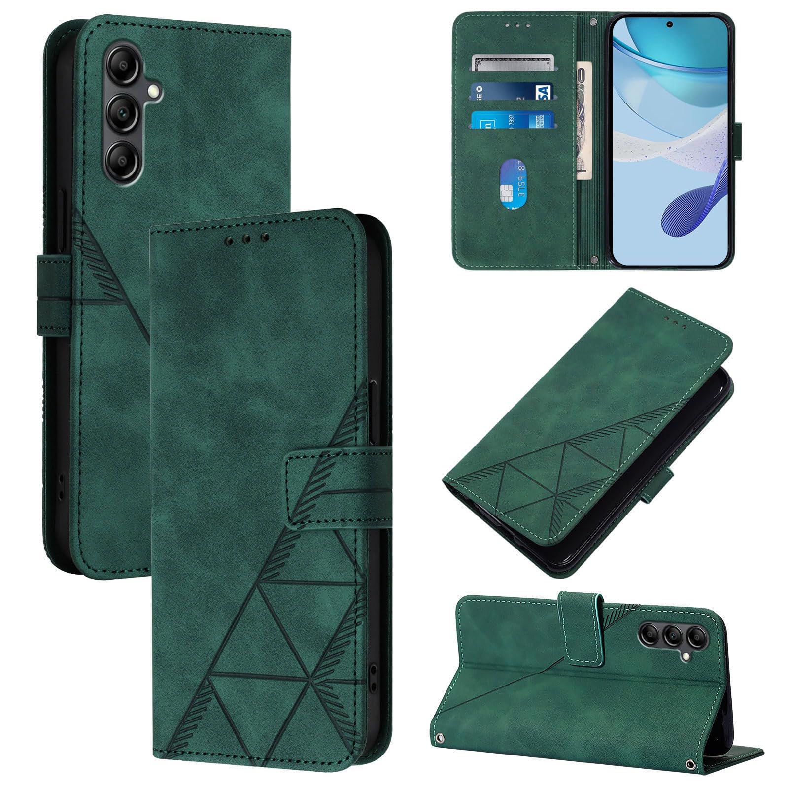 ScandiCasis for Samsung Galaxy S24 FE Leather Case, Geometric Patterns Wallet Case with 3 Card Slots, Magnetic Closure Kickstand Flip Phone Case Shockproof Cover, Dark Green