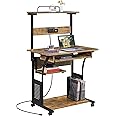 Yaheetech 3 Tiers Rolling Computer Desk on Wheels with Charging Station and Keyboard Tray, Mobile Home Office Desk PC Laptop Workstation with Power Outlet and USB Ports for Home Studying, Rustic Brown