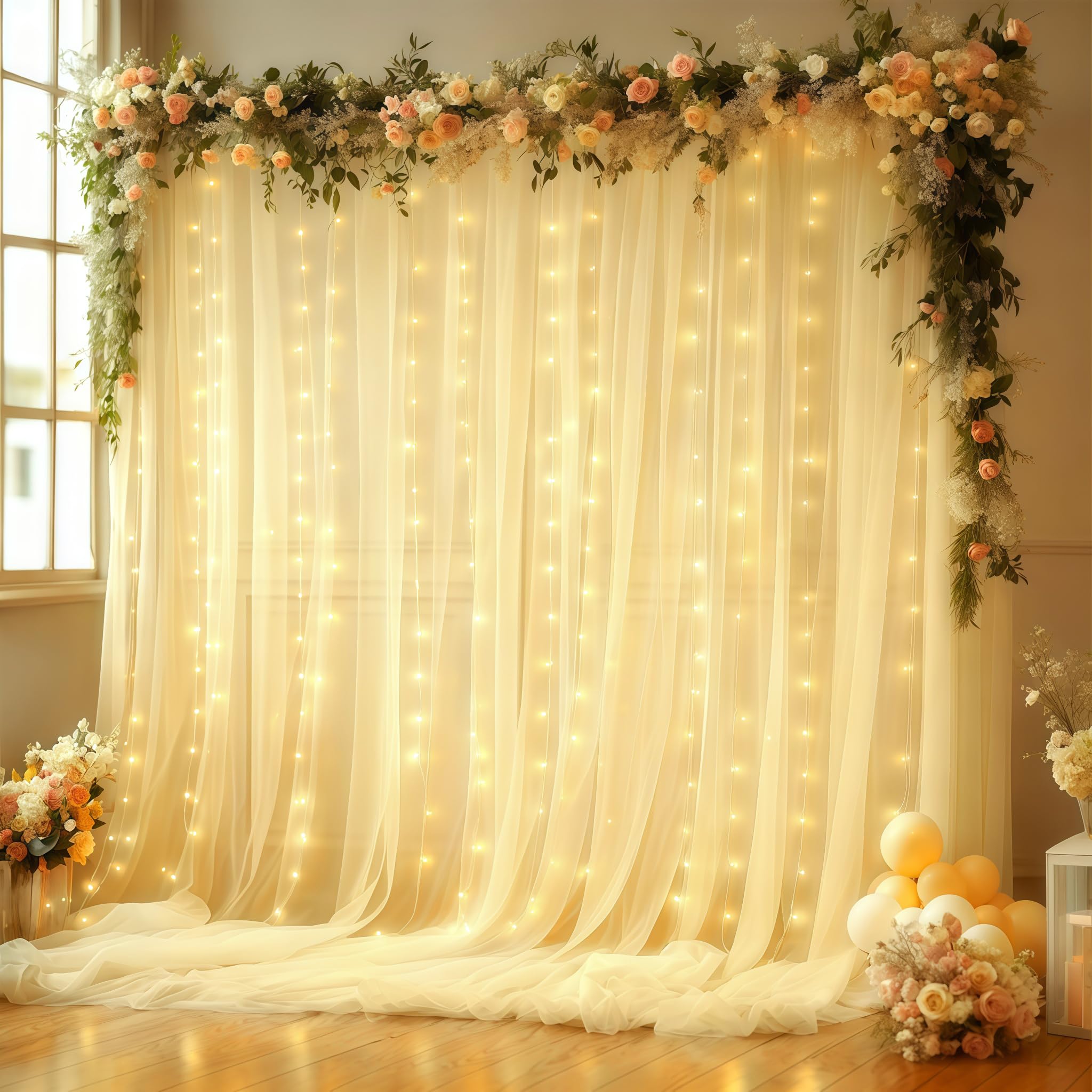 Photo 1 of 10x10FT Beige Wrinkle Free Backdrop Curtains with Lights String for Parties - Photo Curtain Backdrop with Lights for Wedding Decorations, Bridal Baby Shower Birthday Party Photography Background