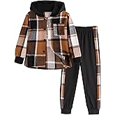 MINITEENICE Toddler Boys Clothes Button Down Hooded Plaid Long-sleeve Tops + Sweatpants 4-10 Years Old
