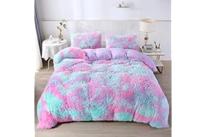 RYNGHIPY Purple Tie Dye Rainbow Duvet Cover Set, Fluffy Fuzzy Long Hair Faux Fur Crystal Velvet Bedding Set for Teens Girls (Purple,Full)