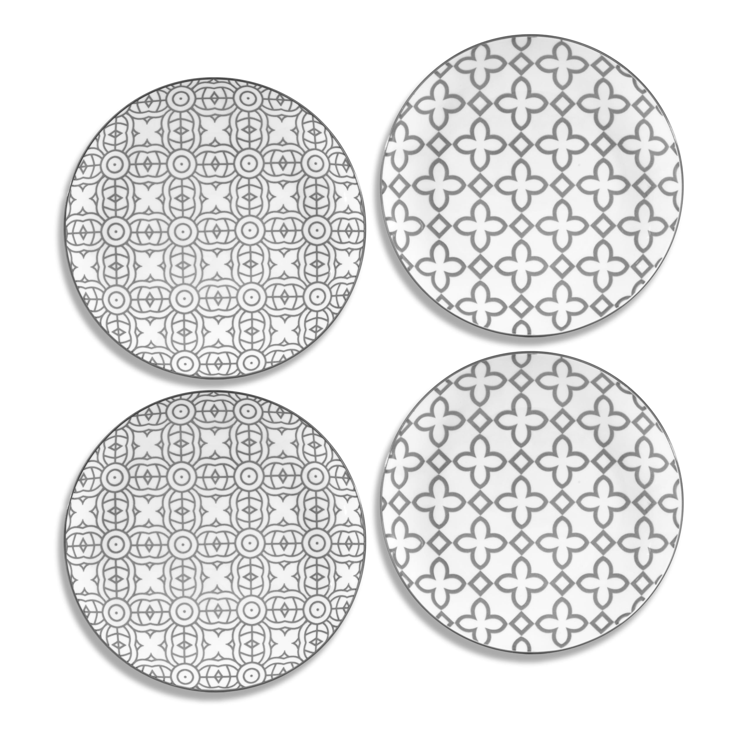 bestone 7.5 Inch Porcelain Salad Plates Set, Porcelain Dessert/Salad Plate，Classic Round with Wide Rim, Lead-Free,Dishwasher, Microwave, Freezer, Oven Safe, for Everyday Use-Set of 4，Grey