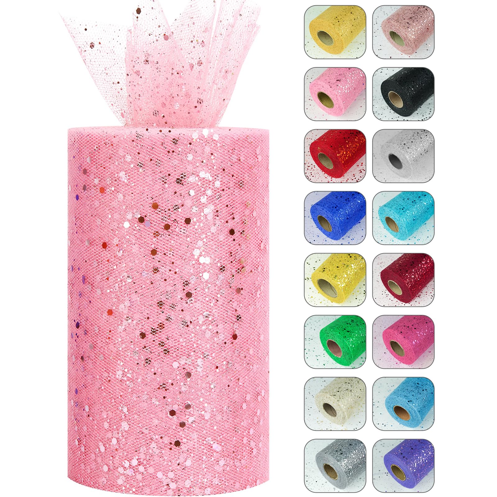 Glitter Tulle Rolls, 6” by 50 Yards (150FT) Sparkling Tulle Spool Ribbon Sequin Tulle Netting Fabric for Tutu Skirt Wedding Birthday Baby Shower (Pink)