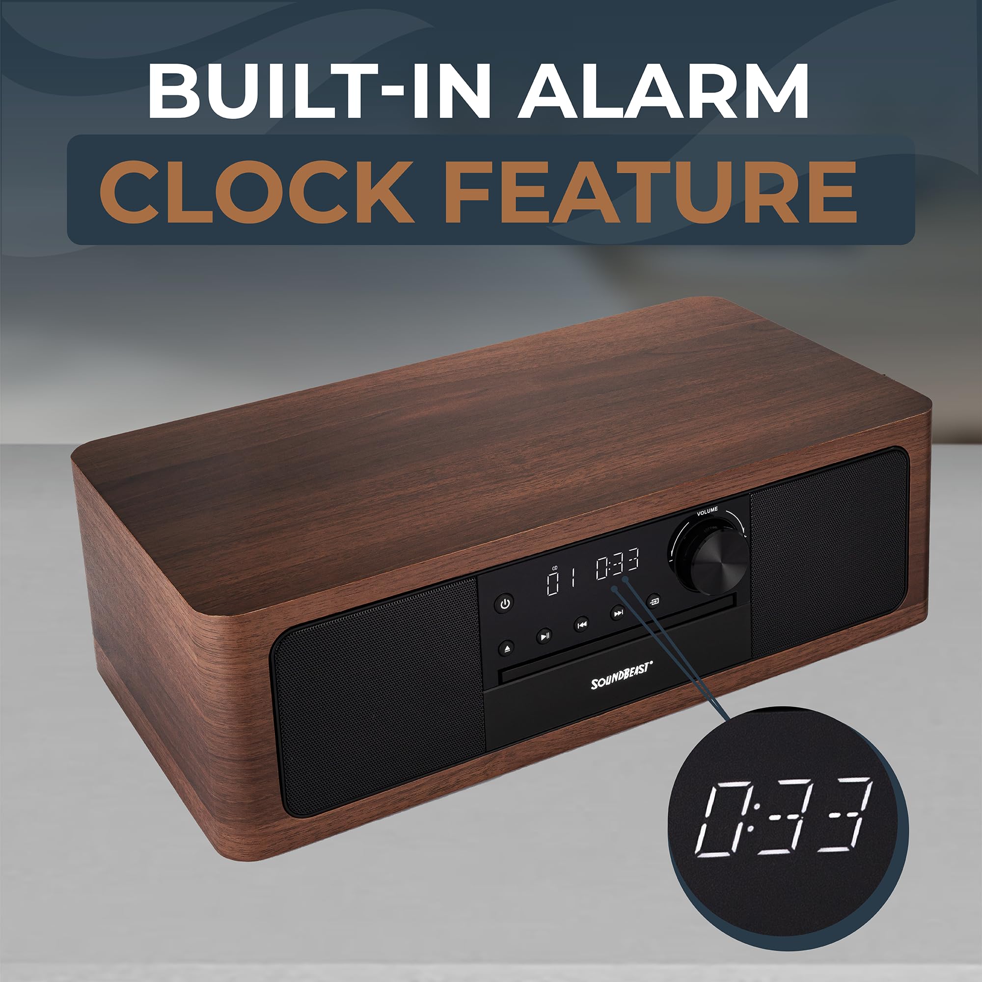 SoundBeast Stereo Shelf System with CD Player, Bluetooth, FM Radio, USB Playback, Aux in, Optical in, Alarm Clock, & Remote Control