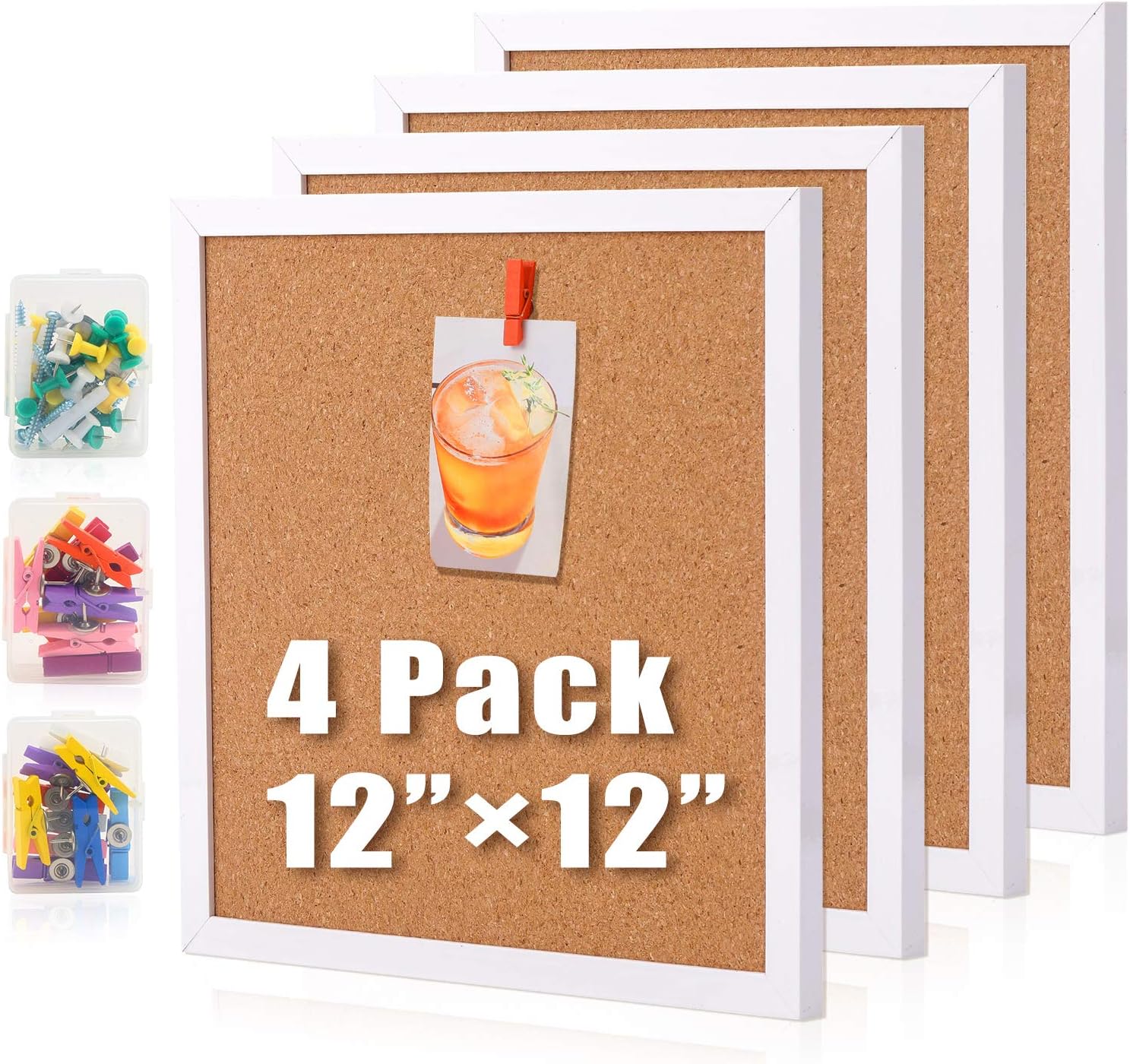 Cork Bulletin Board, PAREIKO 30 x 30 cm Notice Pin Board, White Rustic