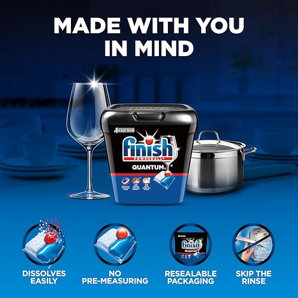 FINISH QUANTUM DISHWASHER PODS, NO PRE-RINSE DISHWASHER DETERGENT SOAP REMOVES 24HR DRIED-ON STAIN AND GREASE, LEAVING A VIRTUALLY SPOTLESS SHINE, 84 COUNT