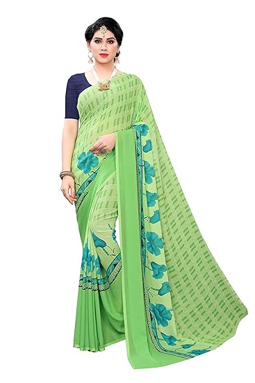 georgette with blouse piece Saree (GULAB GREEN Free Size)