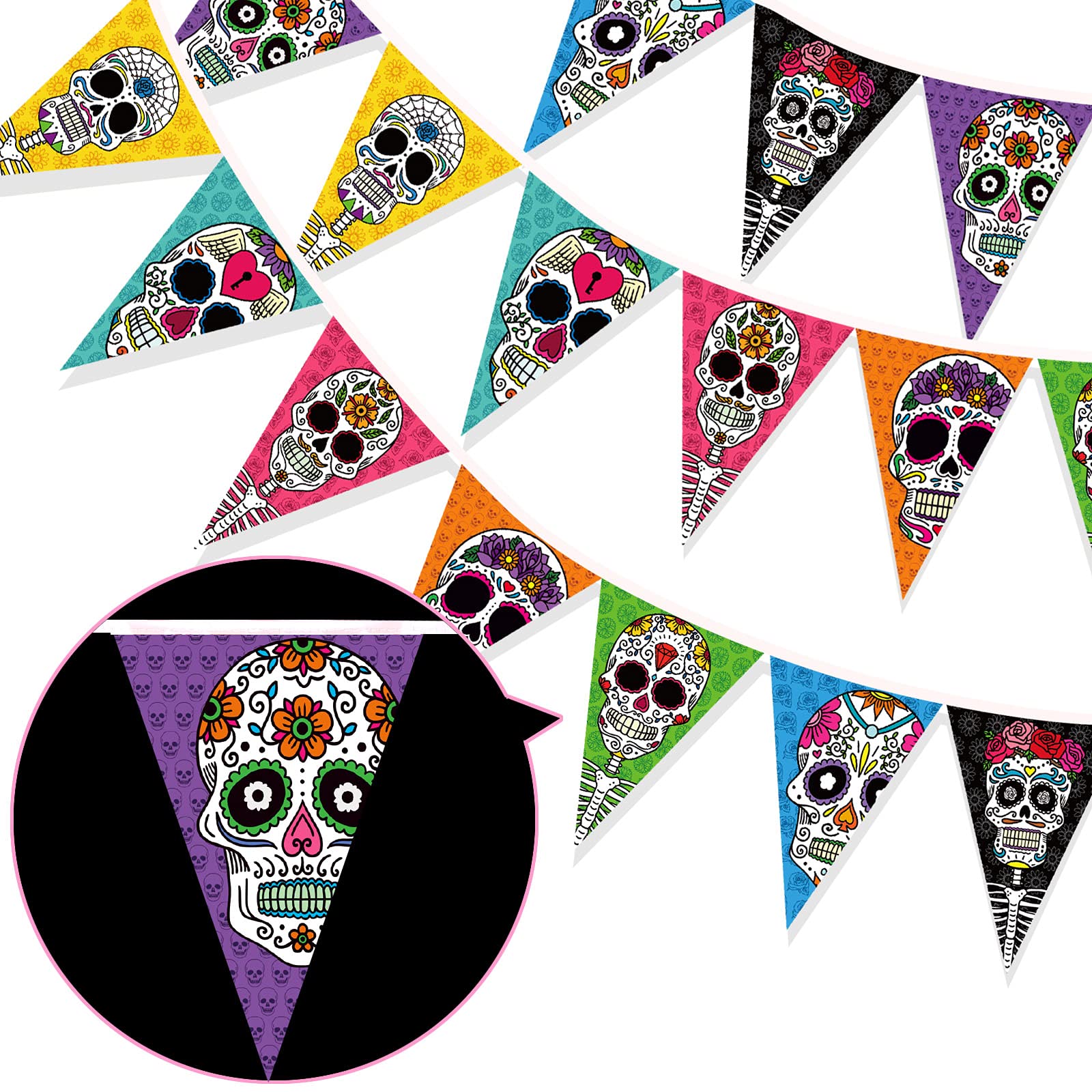 HOWAF Day of the Dead Banner, Mexican Fiesta Banner, Multicoloured, Halloween Dia De Los Muertos Skull Bunting Bunting Garlands Flags Triangle Decorations Cinco de Mayo Party