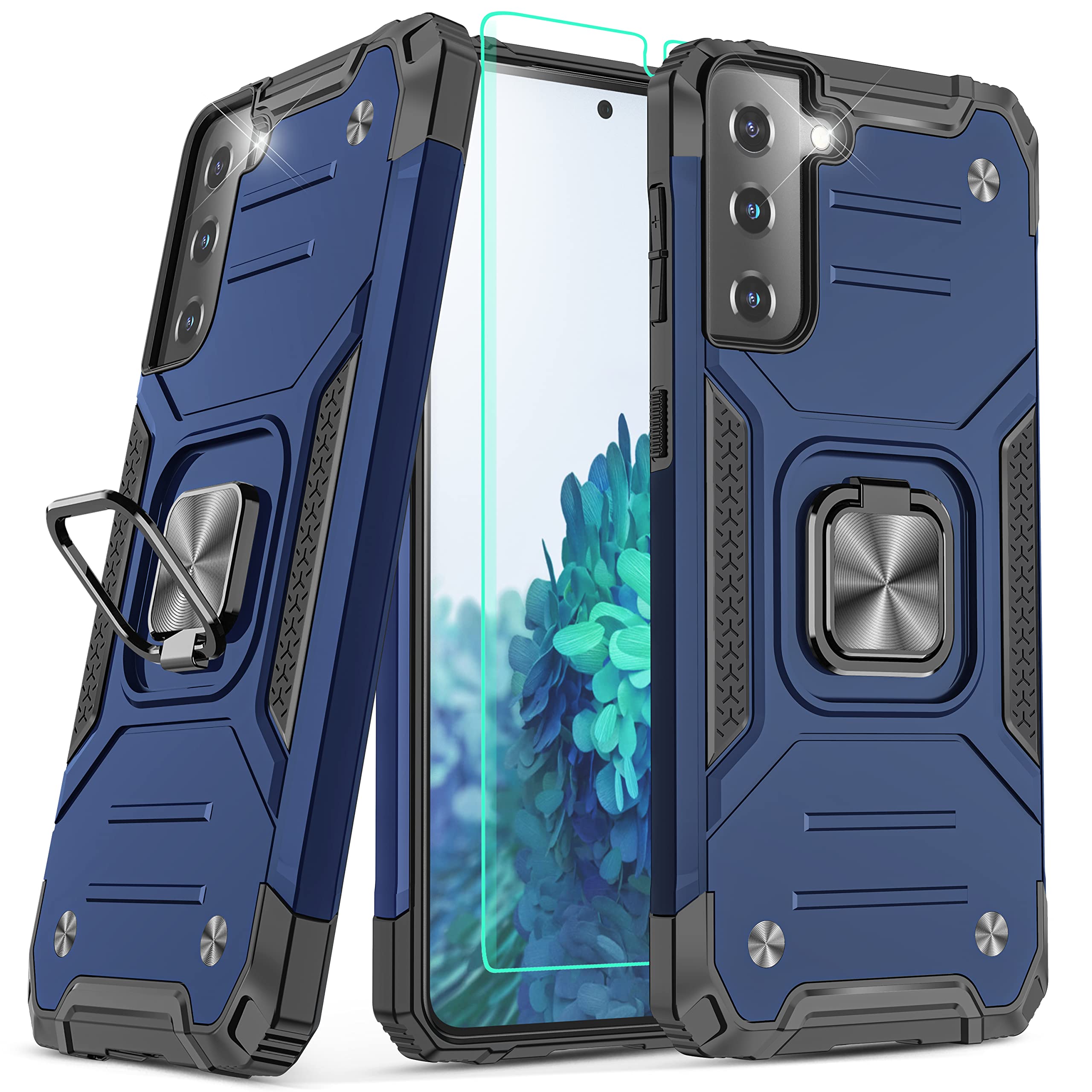 YmhxcY S22 Plus 5G Case,S22+ 5G Phone Case with 3D Curved Screen Protector, Armor Grade Case with Rotating Holder Kickstand Non-Slip Hybrid Rugged Phone Case for Galaxy S22 Plus-KK Blue
