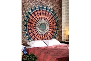 RAJRANG Mandala Wall Hanging Tapestry for Bedroom Living Room Decor Peacock Boho Bohemian Small Tapestries Golden Blue 60x50 Inches