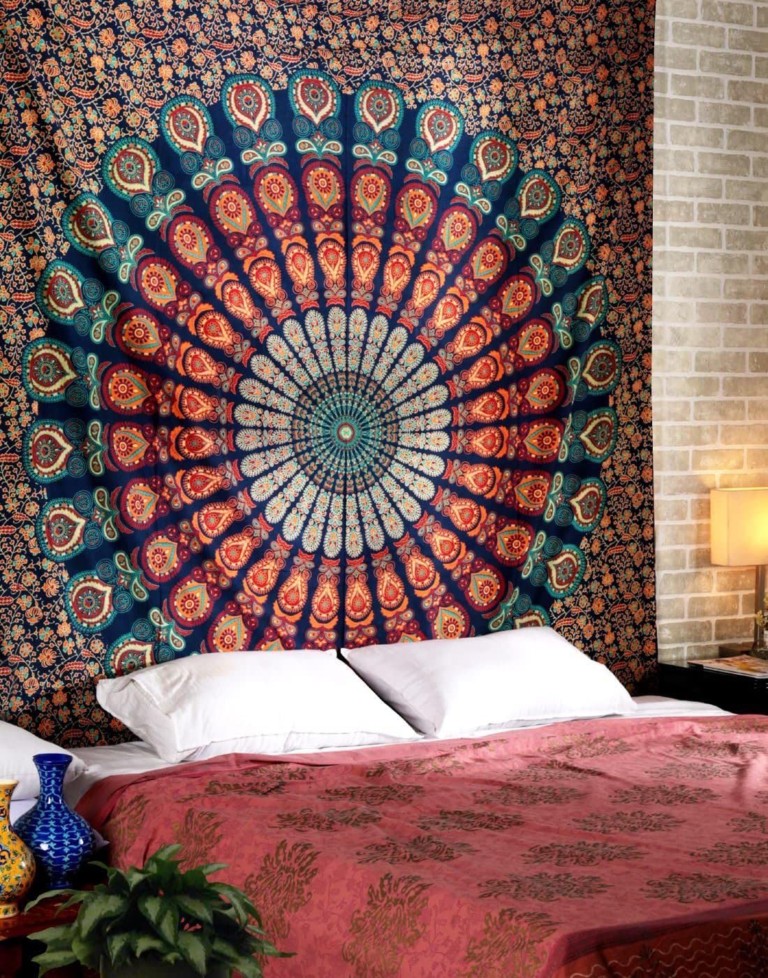 RAJRANG Wall Hanging Tapestry 127x152 cm Peacock Art Mandala Tapestries 100% Cotton for Home Room Decor Golden Blue