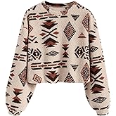 ZAFUL Women's Tribal Ethnic Graphic Cropped Knitwear Bohemian Long Sleeve Pullover Sweater Boho Drop Shoulder Knitted Top