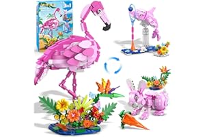 HOGOKIDS 3 in 1 Pink Flamingo Building Set with Flowers, Animal Figure with 3 Building Options - Flamingo, Bunny, or Dolphin, 558PCS Creative Easter Birthday Gift, Learning Toy for Kid Girl Boy Age 6+