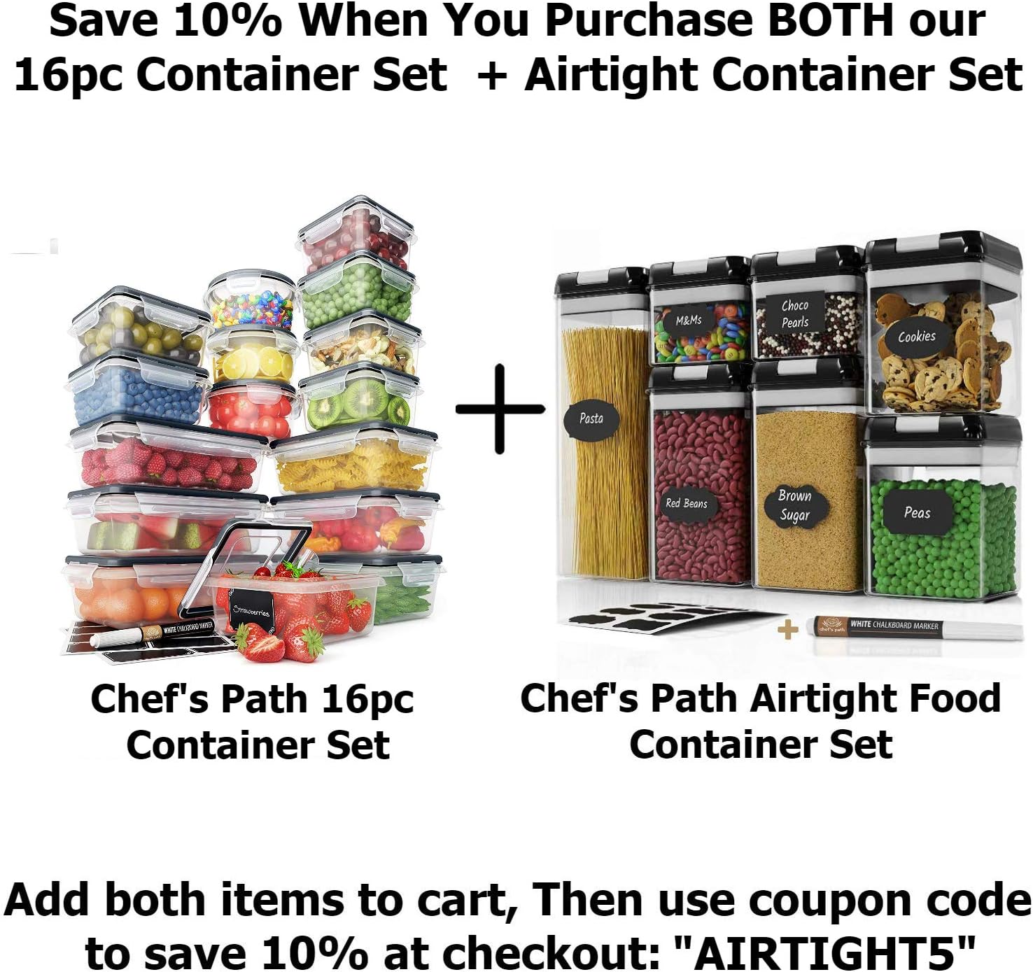 Food Storage Containers Set - Airtight Plastic Containers with Easy Snap Lids (16 Pack) - Leak Proof Kitchen & Pantry Organization - BPA-Free - 16 Chalkboard Labels & Marker - Chef’s Path: Kitchen & Dining