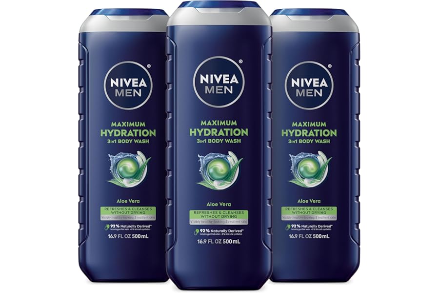 Nivea Men Maximum Hydration Body Wash for Dry Skin, Aloe Vera Enriched, 3-in-1 Moisturizing Body Wash, Face and Hair, Paraben Free, Vegan Formula, 16.9 Fl Oz Bottle, Pack of 3