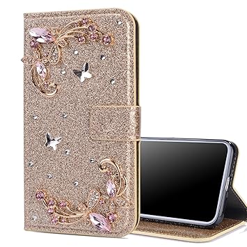 Nadoli Leder Hülle für Galaxy S7 Edge,Luxus Bling Glitzer Diamant 3D Handyhülle im Brieftasche-Stil Schmetterling Blumen Flip