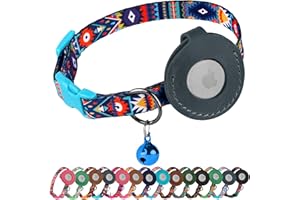 BUDKAS Airtag Cat Collar with Bell - Non Breakaway Soft Pet Collar with Leather Air Tag Holder - Adjustable GPS Anti-Lost Collars for Girl Boy Cats Kitten Puppies, Lightweight and Patterned (Aztec Blue)