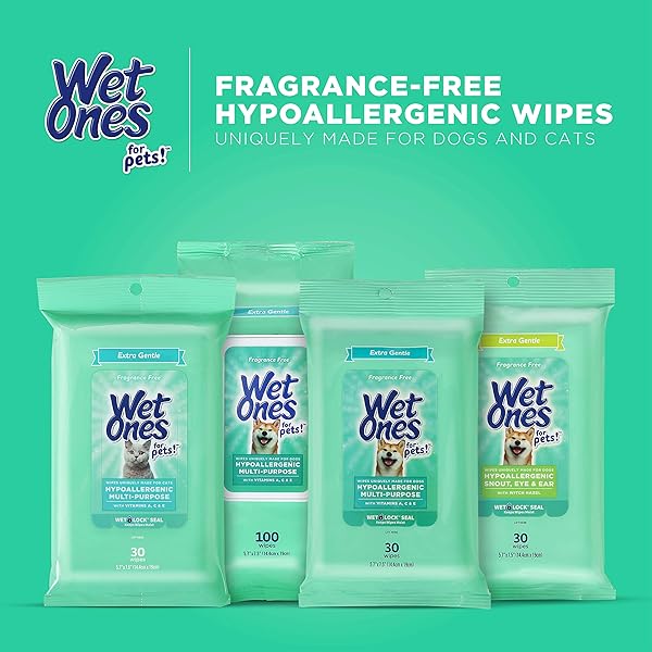 WET ONES FOR PETS HYPOALLERGENIC MULTI-PURPOSE DOG WIPES WITH VITAMINS A, C & E | NO FRAGRANCE HYPOALLERGENIC DOG WIPES FOR ALL DOGS WIPES MULTIPURPOSE | 100 COUNT POUCH DOG WIPES
