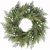 BINFEN 20” Green Faux Pine Christmas Winter Wreath with Cypress Cone, Twig & White Berry – Mixed with Real Look Fake Cedar & Spruce, Xmas Wreaths for Front Door Porch Mantel & Fireplace
