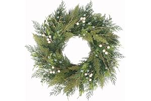 BINFEN 20” Green Faux Pine Christmas Winter Wreath with Cypress Cone, Twig & White Berry – Mixed with Real Look Fake Cedar & Spruce, Xmas Wreaths for Front Door Porch Mantel & Fireplace