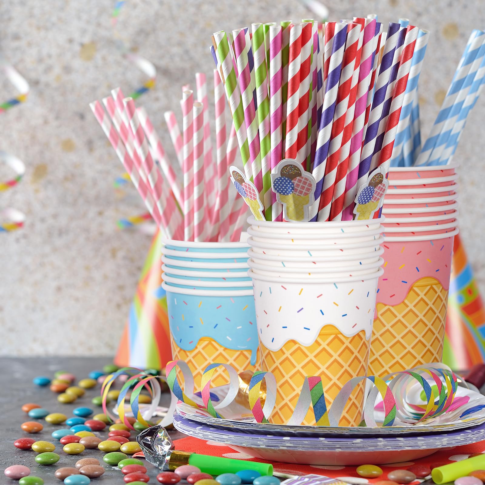 Gatherfun Ice Cream Party Supplies Set for Kids & Girls Birthday Paper Cups,48-Pack 9-oz Baby Shower & Ice Cream Birthday Party Decorations（mix 3 designs）