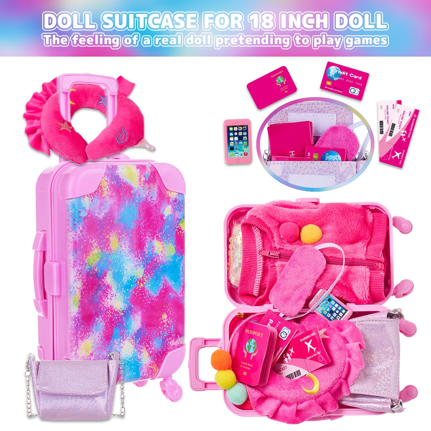 K.T. Fancy 18 Inch American Doll Clothes and Accessories, Doll Travel Suitcase Playset for Girls, Cute Travel Doll Clothes for 18 Inch Girl Doll(Not Include Doll & Shoes), Pink
