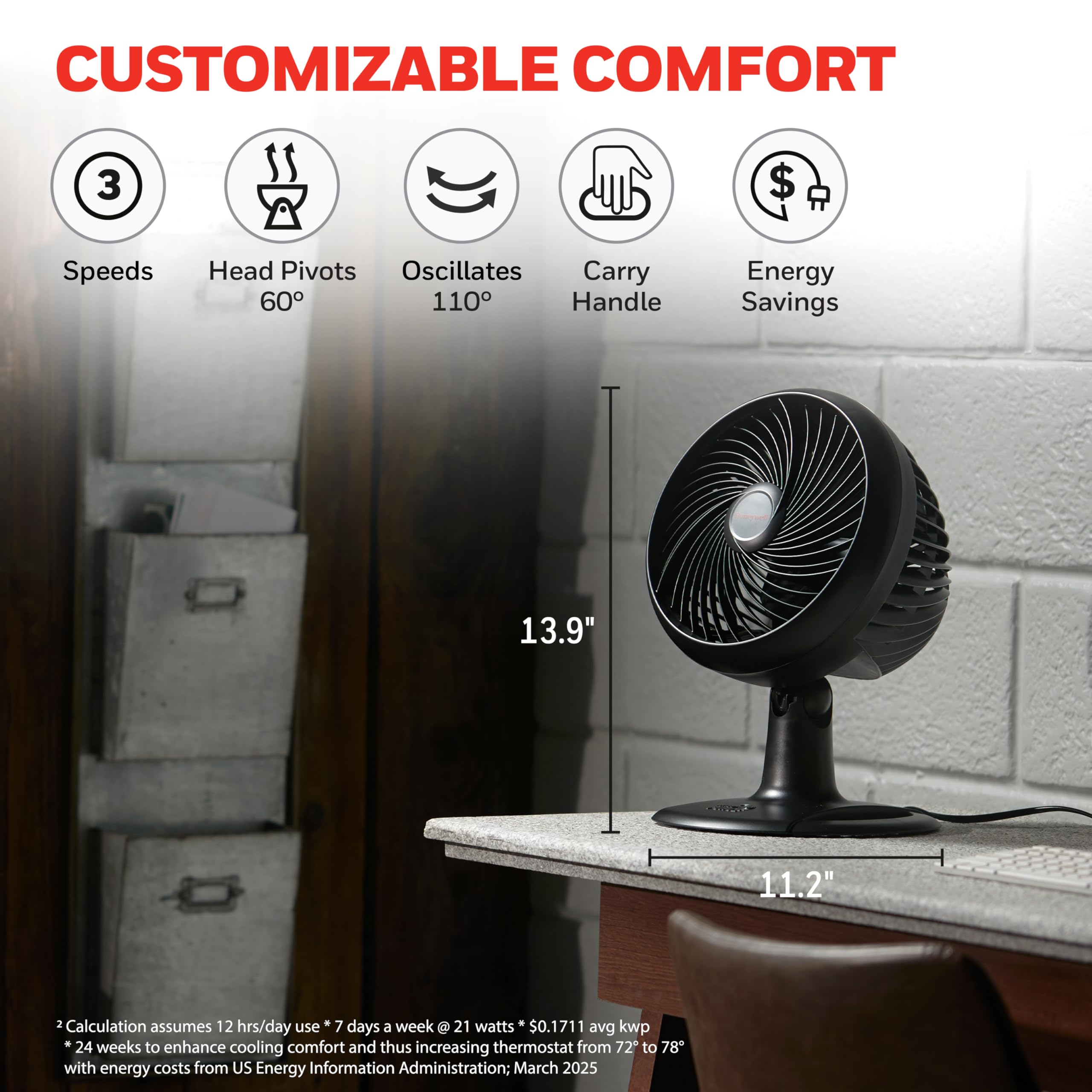 Honeywell Turbo Force Oscillating Table Fan with 3 speeds, oscillating head, Air circulator for bedroom, HT906, Black,