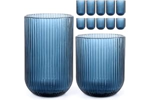 Set of 12 Ribbed Glassware,6 Highball Glasses 14oz & 6 Rocks Drinking Glasses 9oz Fluted Design, Blue Ribbed Glasses Cup Set 
