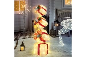 COVFEVER Christmas Lighted Gift Boxes Decorations Set of 4, 2.8Ft Stackable Christmas Nesting Boxes Battery Operated with Timer for Home and Party Decoration
