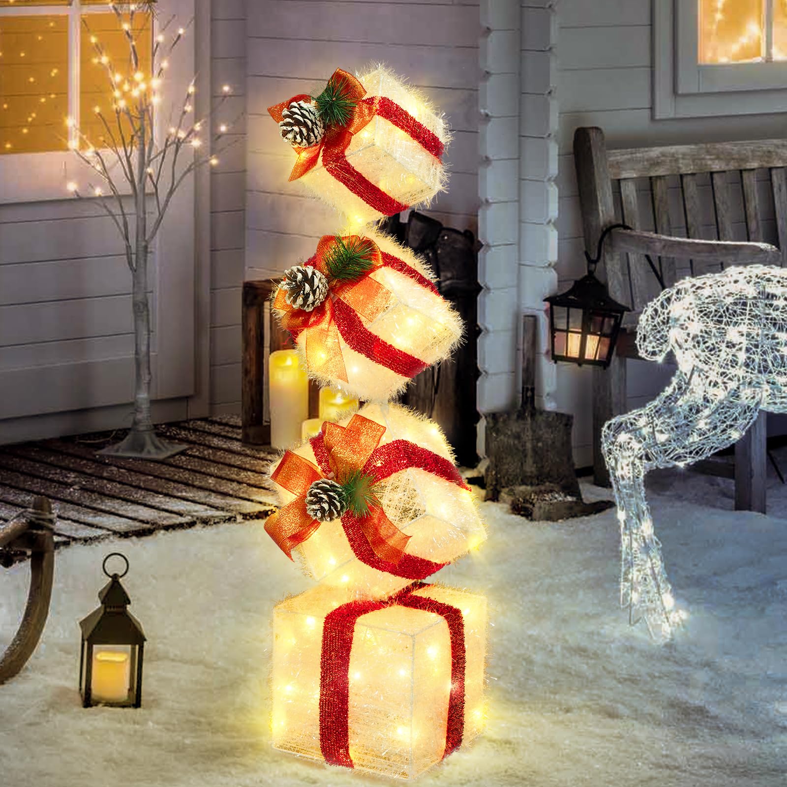 Photo 1 of **NEEDS BATTERIES**COVFEVER Christmas Lighted Gift Boxes Decorations Set of 4, 2.8Ft Stackable Christmas Nesting Boxes Battery Operated with Timer for Home and Party Decoration