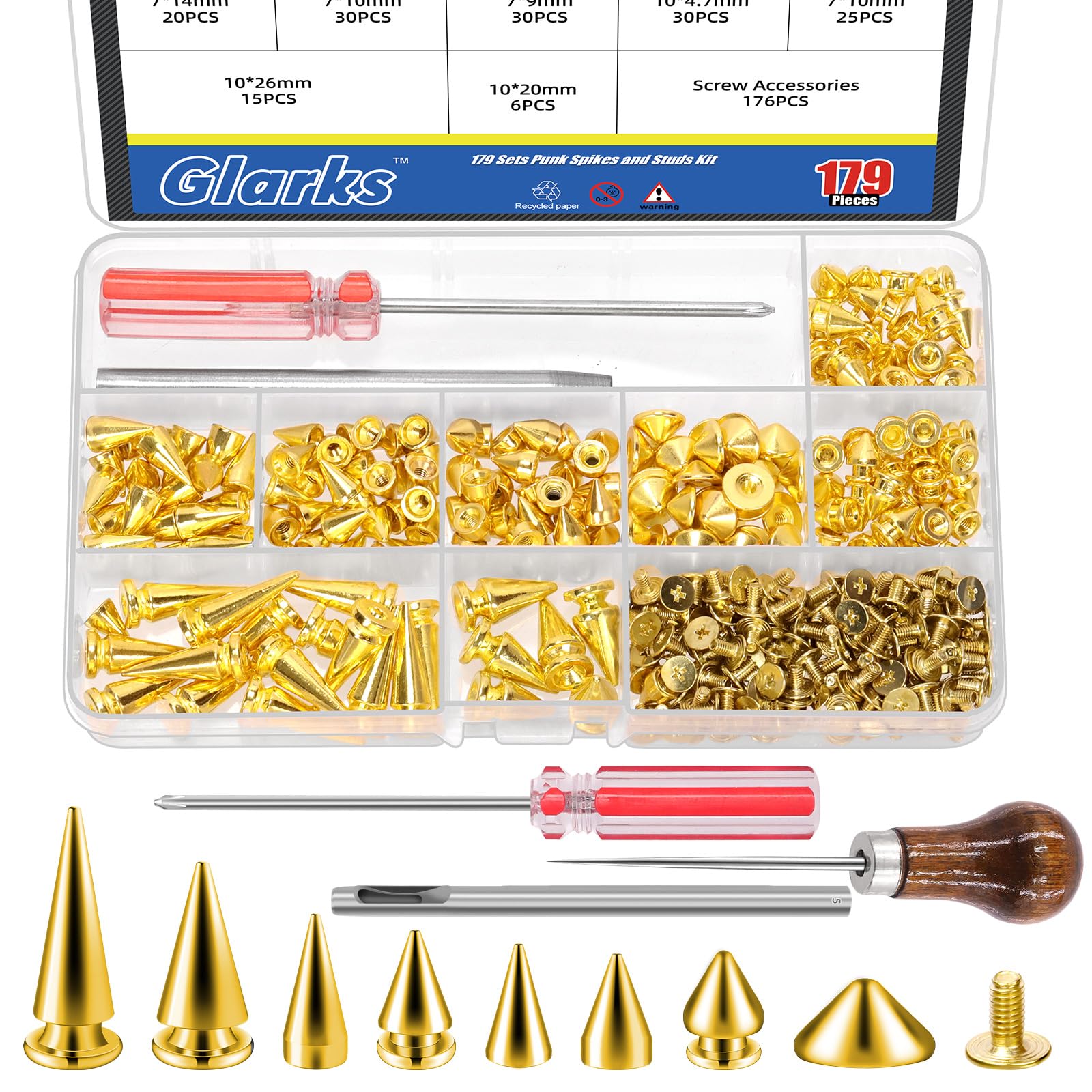 Glarks 355pcs Golden Punk Spikes and Studs Kit, 7 Sizes Zinc Alloy Cone Spike and Stud Rivet, Metal Leather Tree Spikes Studs with Scratch Awl Screwdriver Punch for Punk Clothing Jacket Shoes Wallet