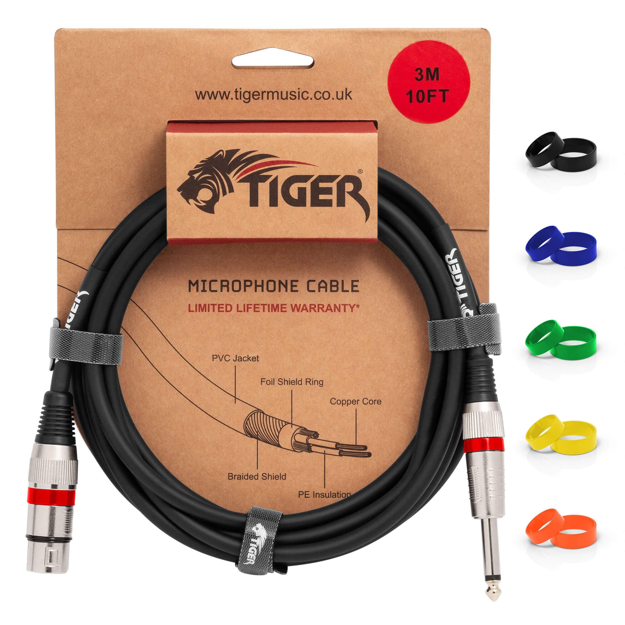 Tiger MIC6-03 Microphone Cable - 3 Metre Female XLR to 6.35mm / 1/4 Inch Jack - Low-Noise Unbalanced Instrument Cable with Interchangeable Coloured Loops