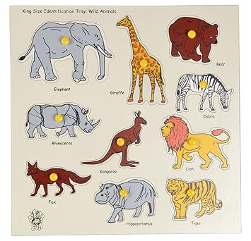 Skillofun Wooden Kingsize Identification Tray Wild Animals with Knobs, Multi Color