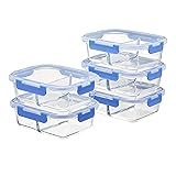 Amazon Basics 2 Compartment Glass Meal Prep Containers, 36 ounces, 10-Piece Set, 5 Containers and 5 BPA-Free Lids, clear with
