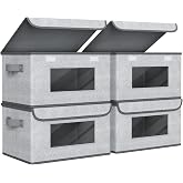 Univivi Fabric Storage Boxes Collapsible Storage Bins with Lids, 4 Pack | Closet Storage Bins with Handles &amp; Window, Collapsible Closet Organizers and Storage Cubes for Clothes, Blankets, Sweaters