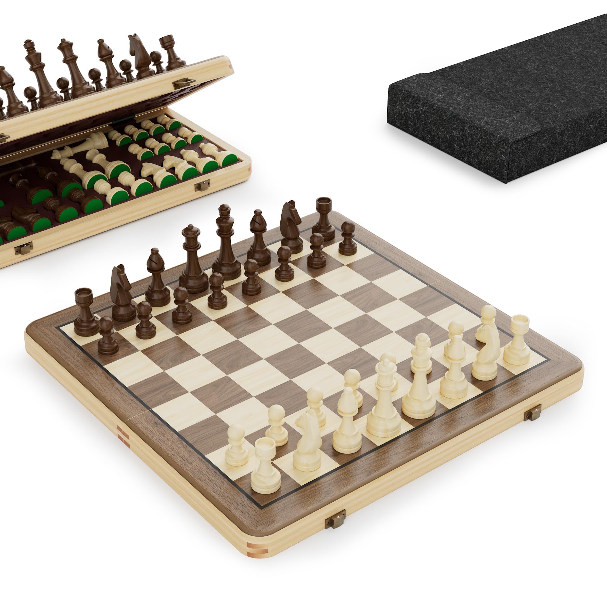 15 Inch Magnetic Wooden Chess Set, Pine Wood Folding Chessboard with Brown Dual-Sided Storage Trays, 2 Extra Queens & Dust-Proof Bag, Portable Travel Board Game (Brown)